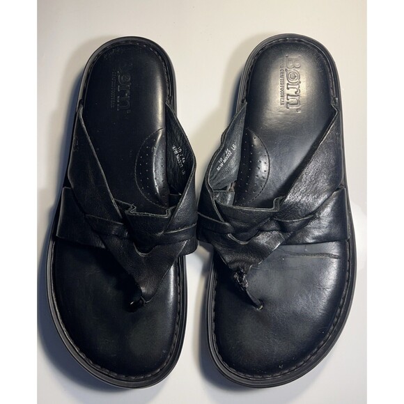 Size 10 Born Leather Sandals Flip Flop Slides  Hand Crafted Black Open Toe  EUC main image 9